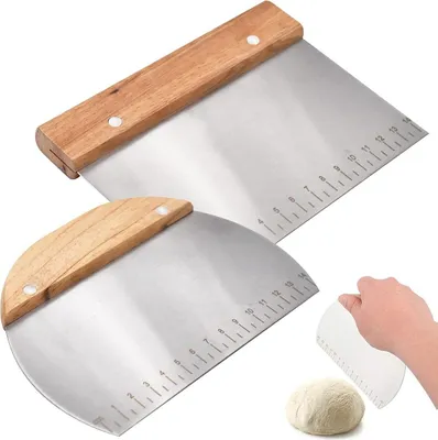 Two stainless steel dough scrapers with wooden handles are shown, along with a ball of dough and a hand holding a smaller scraper.