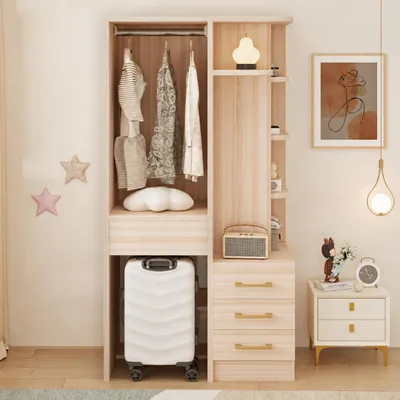 Produktbild von Merax Kleiderschrank mit Regalfächern und 3 Schubladen, Mehrzweckschrank mit Kleiderstange, für Schlafzimmer und Kinderzimmer, Garderobenschrank, Natur