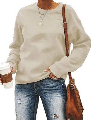Image de ASKSA Pulls Femmes Col rond Sweat-shirt uni Automne Hiver Manches Longues Casual Hauts Libres, Beige, M