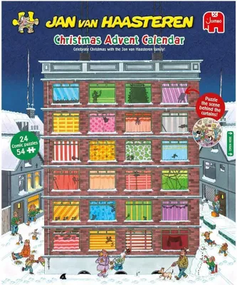 Produktbild von Jumbo Spiele Jan van Haasteren Puzzle-Adventskalender 2025, 24 Puzzles (je 54 Teile), zu einem großen Puzzle zusammenfügbar, Mehrfarbig, 700x295x358 mm, Einzelpuzzle 16,5x11,5 cm