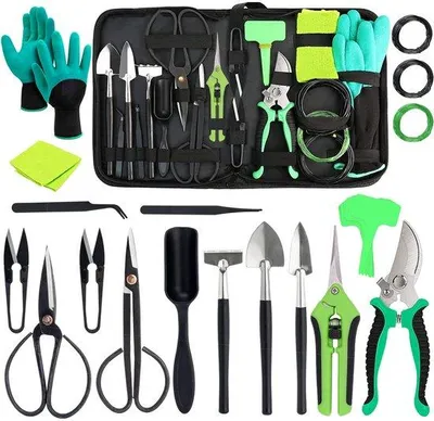Produktbild von Bonsai Werkzeug Set, 25-teilig, Kohlestahl, für Innen und Aussen, mit Draht, Schere, Harken und Schaufel