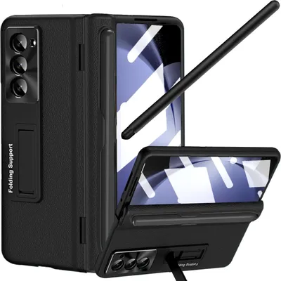 Image de Étui pour Samsung Galaxy Z Fold 6 Étui en cuir rigide avec film protecteur, support et protecteur de charnière avec support S Pen noir