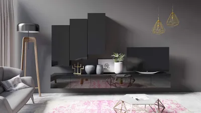 Produktbild von All4All Wohnwand 300 cm , Wohnzimmer Möbel , Modern Schrankwand , Tv Wohnwand , Schwarz 300 x  47 x 33 cm