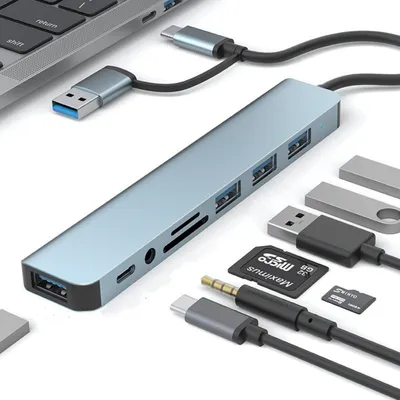 Produktbild von USB-C Hub 8-IN-2 Adapter USB 3.0 Verteiler Splitter Kartenleser für Laptop PC TV