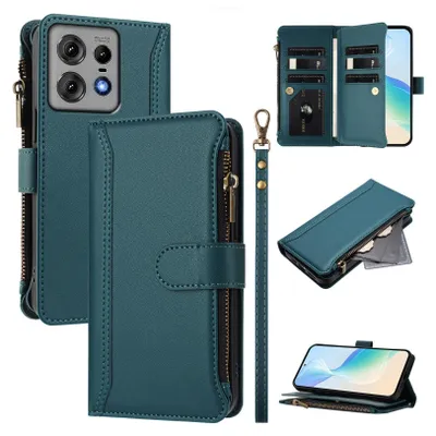 Immagine prodotto di Custodia per Motorola Moto Edge 50 Pro, con cerniera, portafoglio Custodia flip in Finto cuoio con tasche per carte, supporto e passante per la mano verde