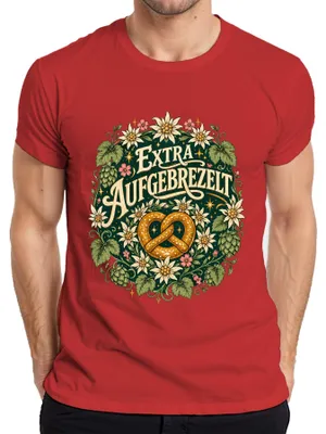 Immagine prodotto di Bretzel tradizionale bavarese, , Bretzel "Edelweiß", pantaloni di pelle tradizionali, abito tradizionale femminile ("Dirndl"), maglietta da uomo, rossa, taglia XXL