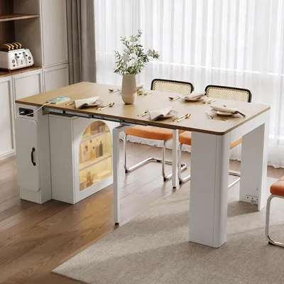 Productafbeelding van MODFU Eettafel met keukeneiland, afneembaar tafelblad en wielen, keukenkast, mobiele serveerwagen met lades en LED-verlichting, wit