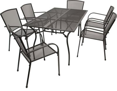 DEGAMO Gartenset Sitzgruppe Gartenmöbel Garnitur CLASSIC 7-teilig, Streckmetall anthrazit (6x Stapelsessel + 1x Tisch 90x150cm)