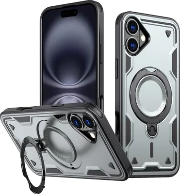 Produktbild von Dual Layer Hülle für iPhone 16 Plus Metall Ring Ständer Magnetisch Stoßfest Militär Handyhülle Grau