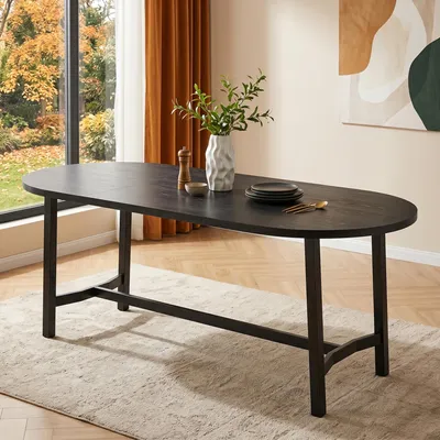 Zdjęcie produktu dla Stół jadalniany o wymiarach 180 x 80 x 75 cm, przeznaczony dla 6-8 osób, prostokątny kształt z zaokrąglonymi rogami, prosty styl, idealny do kuchni lub salonu, kolor czarny, nogi metalowe