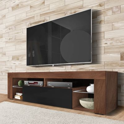 Selsey TV-Schrank BIANKO TV-Lowboard in Holz-Optik Nuss Caravaggio mit Klappe in Schwarz Hochglanz Stehend 140cm