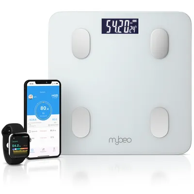 Produktbild von MyBeo Personenwaage, digitale Körperfettwaage mit App, Bluetooth, bis 180 kg, BIA-Analyse, 6 mm Glas, Gewicht, BMI, Fettanteil, Muskelmasse, OKOK International