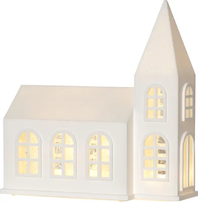 Produktbild von LED Haus ,Vinter' mit Glitzer-Effekt, weiße Deko-Kirche, Batterien + Timer, 3 warmweiße Lichtquellen, H 20,5cm