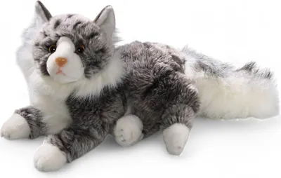 A plush toy cat lying down on a white background.