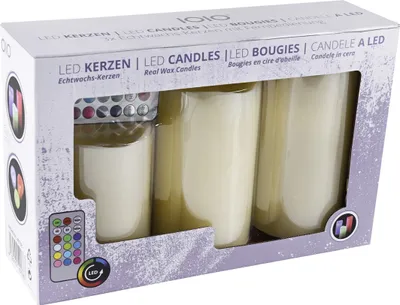 The image shows a retail box containing a set of LED candles and a remote control.