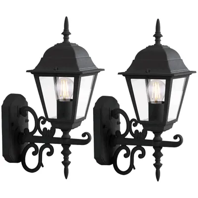 Two black outdoor wall lights with clear glass panels and visible bulbs are shown against a white background.