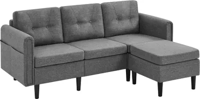 Produktbild von Yaheetech 3-Sitzer-Sofa inkl. Hocker, Couch mit 2 Seitentaschen, Ecksofa in L-Form, Hellgrau