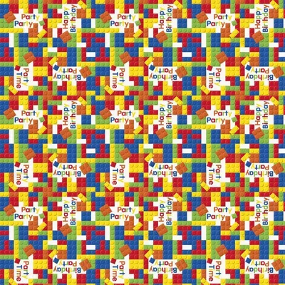 A repeating pattern of colorful building blocks with birthday-themed text.