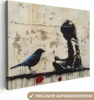 Produktbild von Wanddeko 80x60 cm - Banksy - Mädchen - Straßenkunst - Vogel - Abstrakt - Modern, Wandbilder, Wanddeko Wohnzimmer