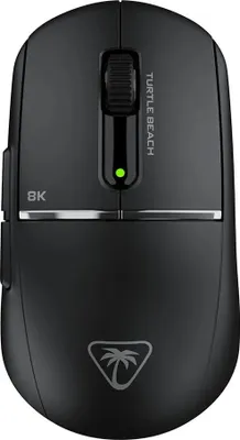 A top-down view of a black gaming mouse on a white background.