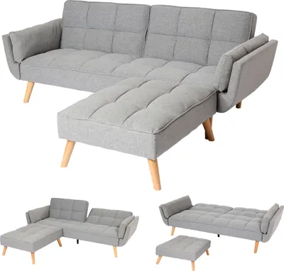 Produktbild von Mendler Schlafsofa Stoff hellgrau, B 218cm T 175cm H 80cm, mit Ottomane und Schlaffunktion, Modell MCW-K18, Stil Schlicht, dreistufig verstellbare Rückenlehne, extradicke Polsterung mit Wellenfederung