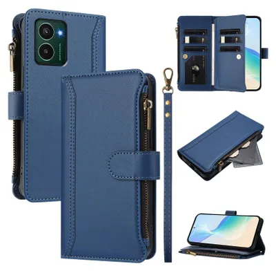 Image de Etui pour HMD Pulse Pro/Pulse Pro+, zippé, étui portefeuille en cuirPolyuréthaneavec pochettes pour cartes, support et dragonne bleu