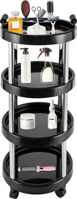 A multi-tiered rolling cart filled with various beauty and hair care products.