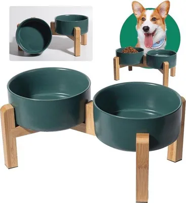 Zdjęcie produktu dla Podwyższona podwójna miska dla psa i na wodę z antypoślizgowym bambusowym stojakiem - 2 x 850 ml dla małych i średnich psów