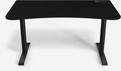 A black gaming desk with curved edges and black legs, shown from the front on a white background.