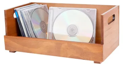 Image de Support en bois pour CD - Boîte de rangement - Pour CD, DVD et musique - Poignées intégrées - Dimensions pratiques : 33,5 x 15,7 x 14,3 cm