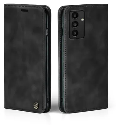 A black flip case for a Samsung Galaxy A34 5G phone is shown from two angles.
