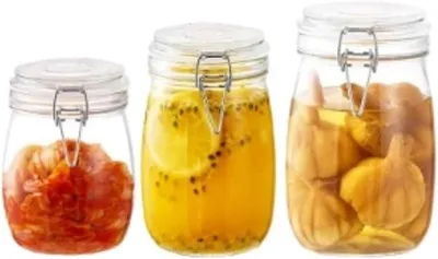 Imagen del producto de Conjunto de 3 recipientes de vidrio para almacenamiento, herméticos, ideales para alimentos, con tapa, para uso doméstico y en la cocina (set B)
