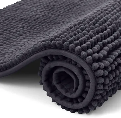Image de Tapis de bain en chenille, tapis de bain antidérapant, tapis de bain moelleux, tapis de bain absorbant, tapis de douche lavable pour la salle de bain, 50 x 80 cm, gris foncé