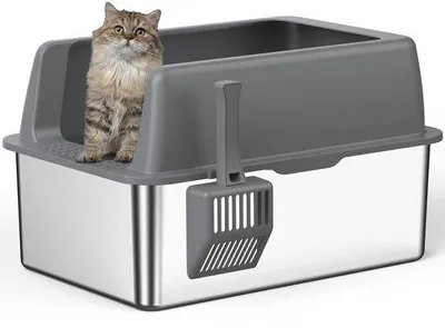 Produktbild von Grosser Metallkatzenkorb aus Edelstahl mit Deckel, 61 L x 40,5 B x 35,5 H cm, Edelstahl-Katzenkorb für große Katzen mit hohem Rand, metallischer Katzenkorb, grau, antiklebend