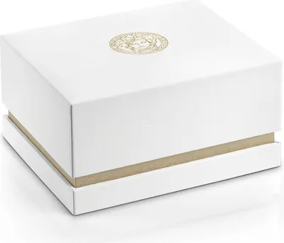 A white gift box with a gold Versace logo on top.