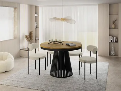 Produktbild von Esstisch Rund Ausziehbar mit Lamellen im Loft-Stil – 100 bis 180 cm – Industrieller Tisch mit Schwarzen Metallbeinen, Platzsparend für Wohnzimmer oder Esszimmer – Braun