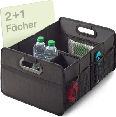 Produktbild von Praknu Kofferraum Organizer Faltbar – 3 Fächer mit 5 Taschen – Rutschfester Boden – Ideale Größe für Ordnung im Auto – Robust & Wasserabweisend aus Oxford Gewebe
