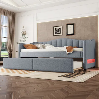 Produktbild von Flieks Polsterbett 90x200cm mit Ausziehbett, Schlafsofa Tagesbett mit LED, Sofabett Funktionsbett Jugendbett Gästebett, Leinen, Grau