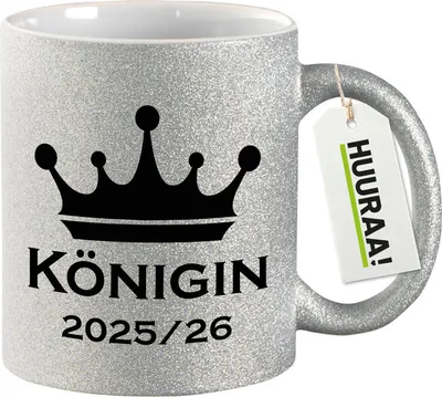 Produktbild von Huuraa Glitzertasse Königin 2025/26 Schützenkönigin 330ml Silber Keramik Kaffeebecher Geschenkidee