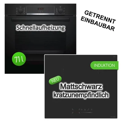 Produktbild von HERDSET Bosch Backofen 3D Heißluft EcoClean + keenberk Induktionskochfeld Blackmatt Booster Touch-Slider