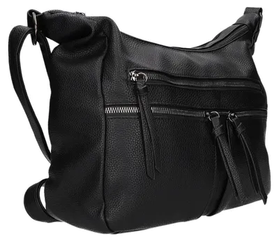 Produktbild von Schultertasche Schwarz aus glattem Kunstleder, 29x23x10 cm, zwei Hauptfächer, Reißverschluss, verstellbarer Schulterriemen