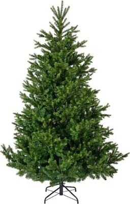 A full shot of a green artificial Christmas tree on a white background.