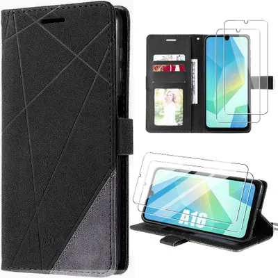 Image de Coque + 2 Verres Trempés pour Samsung Galaxy A16 5G/4G, Anti-Rayures Antichoc Protection Synthécuir Noir