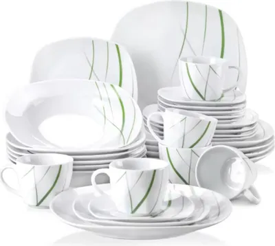 Produktbild von Ventina Salat- & Dinnerset 30-teilig – Keramik – Tiefe & Frühstücksteller – Weiß/Grüne Streifen – Für 6 Personen