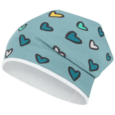 Produktbild von Mädchen Herbstmütze Beanie Übergangsmütze Baumwolle doppellagig, Gr. 50-52, Türkis-Ecru Herz