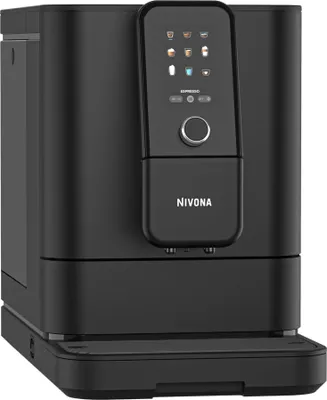A black automatic coffee machine against a white background.