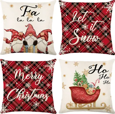 Produktbild von 4x Vánoční dekorační povlaky na polštáře 45x45 cm, červený měkký plátěný povlak na polštář Square Cushion Cover Sofa Cushion Cover Pillow Cover