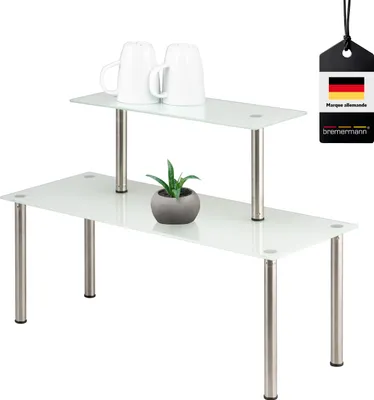 Image de bremermann Etagère en verre, étagère de cuisine, avec plateaux en verre et pieds en inox, blanc