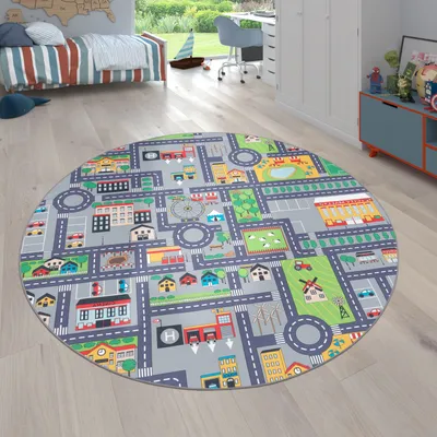 Image de Tapis chambre d'enfant gris Tapis pour enfants Tapis de jeu Tapis de rue Filles Garçons Taille 200 cm Rond