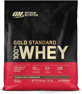A bag of Optimum Nutrition Gold Standard 100% Whey protein powder.